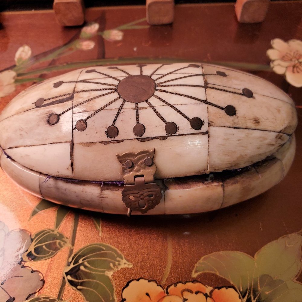 Vintage Camel Bone & Brass Treasure Box - Oval